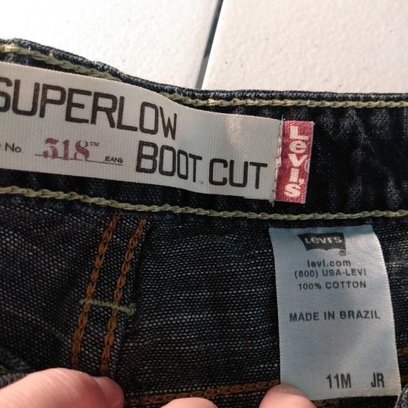 Levi's 518 Superlow Boot Cut Jeans Women Junior 11M Med Wash Distressed Patches - Picture 5 of 9